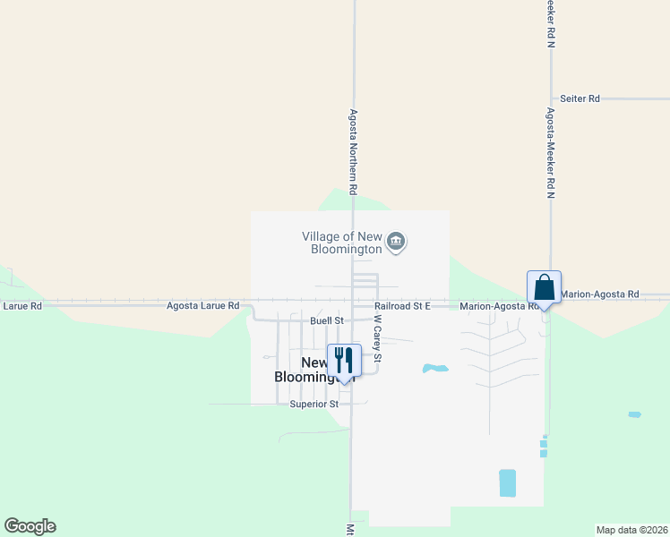 map of restaurants, bars, coffee shops, grocery stores, and more near 124-128 Union Street in New Bloomington