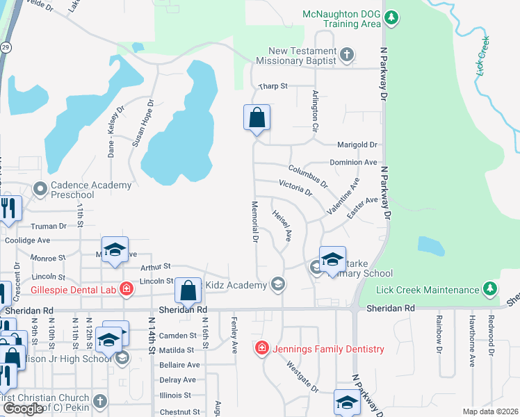 map of restaurants, bars, coffee shops, grocery stores, and more near 1806 Memorial Drive in Pekin