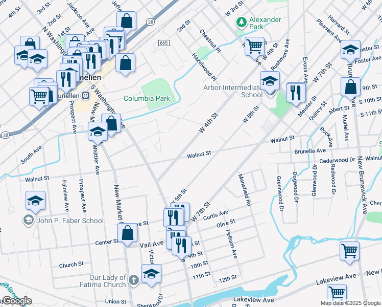 map of restaurants, bars, coffee shops, grocery stores, and more near 156 Walnut Street in Piscataway