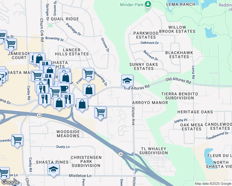 map of restaurants, bars, coffee shops, grocery stores, and more near 1269 Old Alturas Road in Redding
