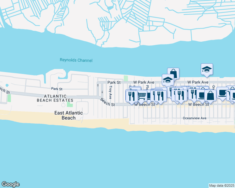 map of restaurants, bars, coffee shops, grocery stores, and more near 74 Rochester Avenue in East Atlantic Beach
