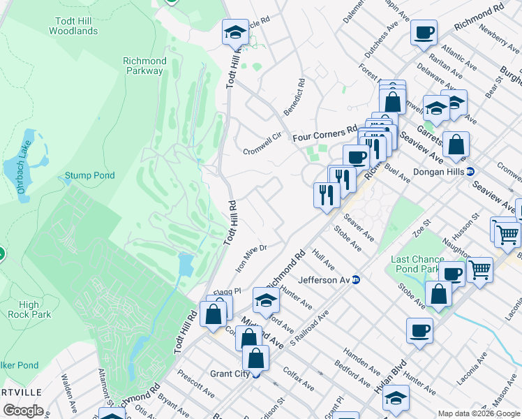 map of restaurants, bars, coffee shops, grocery stores, and more near 63 Copperleaf Terrace in Staten Island