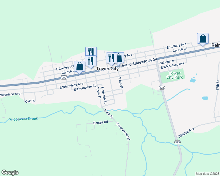 map of restaurants, bars, coffee shops, grocery stores, and more near 210 South 5th Street in Tower City