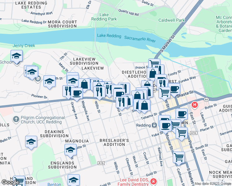 map of restaurants, bars, coffee shops, grocery stores, and more near 1132 North Court Street in Redding