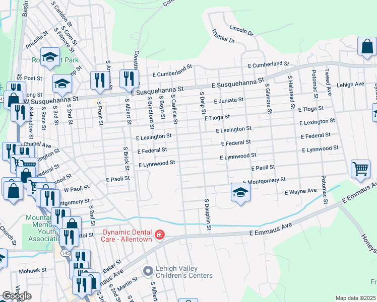 map of restaurants, bars, coffee shops, grocery stores, and more near 322 East Federal Street in Allentown