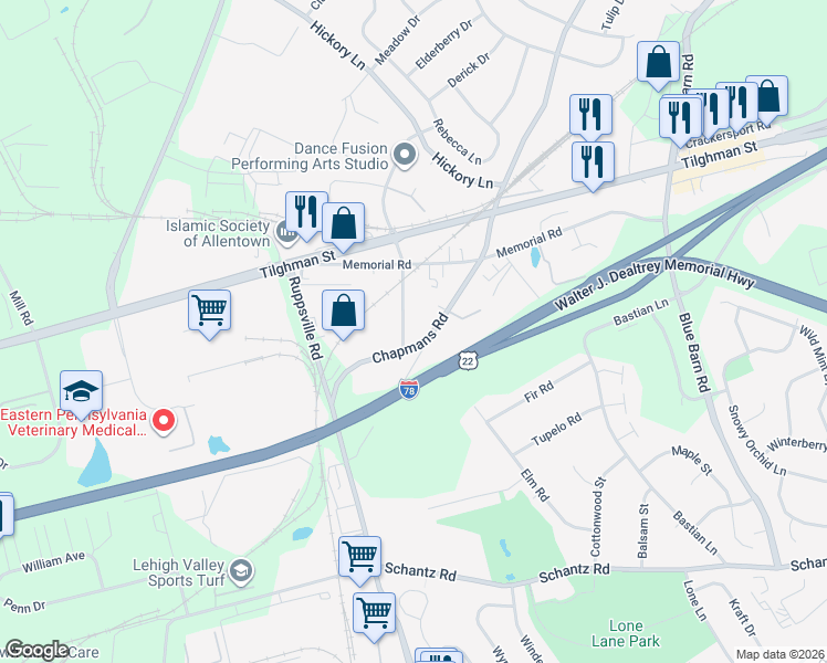 map of restaurants, bars, coffee shops, grocery stores, and more near 6374A Farm Bureau Road in Allentown