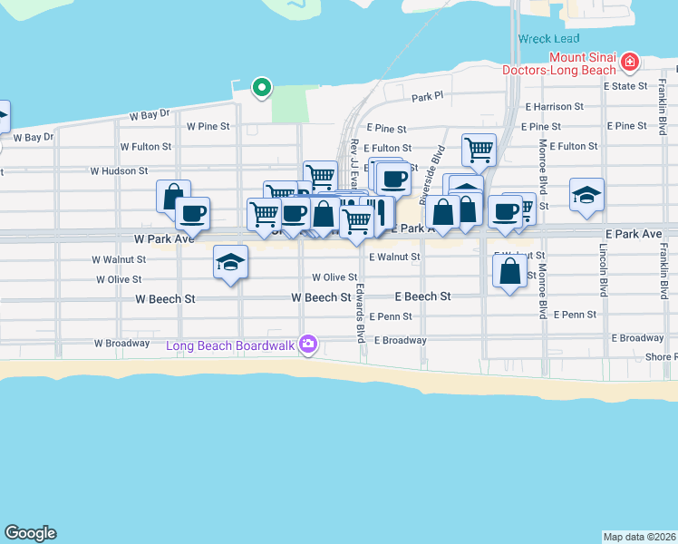 map of restaurants, bars, coffee shops, grocery stores, and more near 27 West Olive Street in Long Beach
