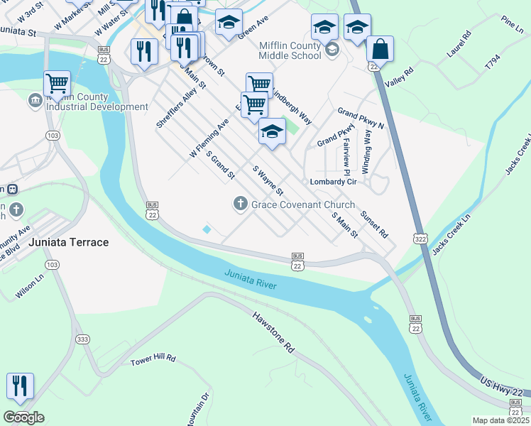 map of restaurants, bars, coffee shops, grocery stores, and more near 706 South Grand Street in Lewistown