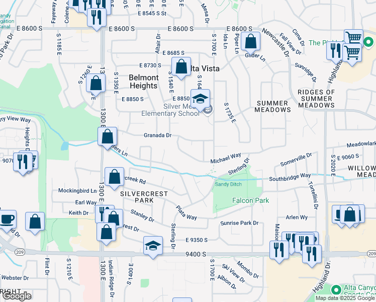 map of restaurants, bars, coffee shops, grocery stores, and more near 1605 Michael Way in Sandy