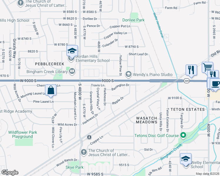 map of restaurants, bars, coffee shops, grocery stores, and more near 4570 Barrington Drive in West Jordan