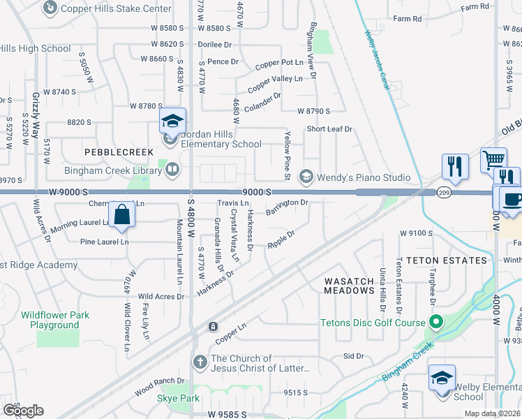 map of restaurants, bars, coffee shops, grocery stores, and more near 4570 Barrington Drive in West Jordan