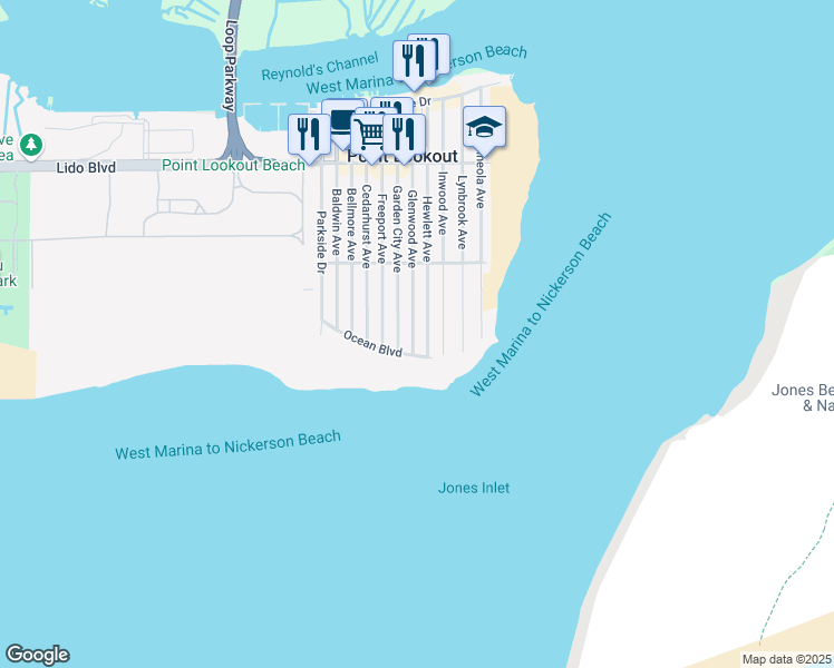 map of restaurants, bars, coffee shops, grocery stores, and more near 140 Hewlett Avenue in Point Lookout