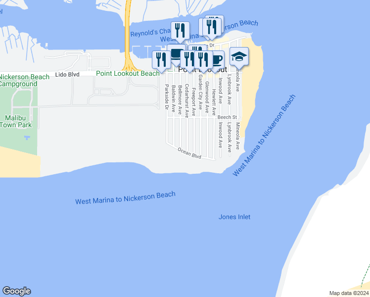 map of restaurants, bars, coffee shops, grocery stores, and more near 14 Ocean Boulevard in Point Lookout