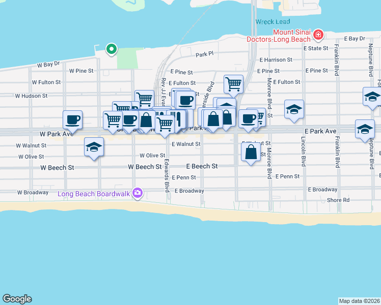 map of restaurants, bars, coffee shops, grocery stores, and more near 59 East Olive Street in Long Beach