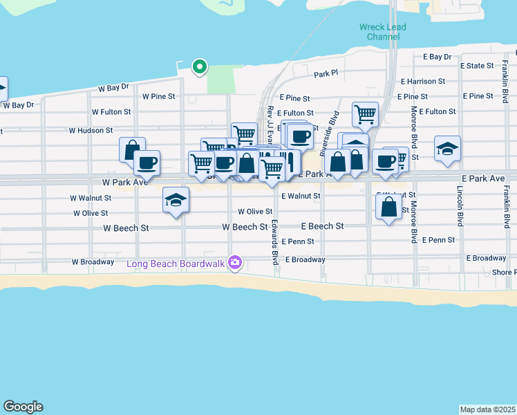 map of restaurants, bars, coffee shops, grocery stores, and more near 27 West Olive Street in Long Beach
