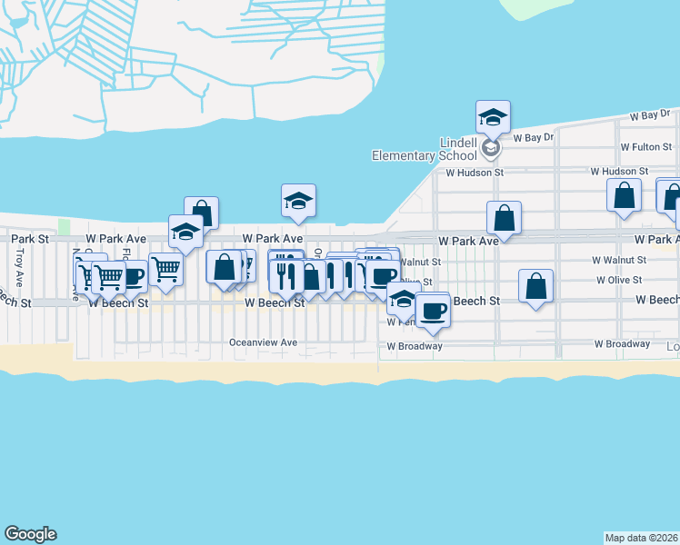 map of restaurants, bars, coffee shops, grocery stores, and more near 78 Arizona Avenue in Long Beach
