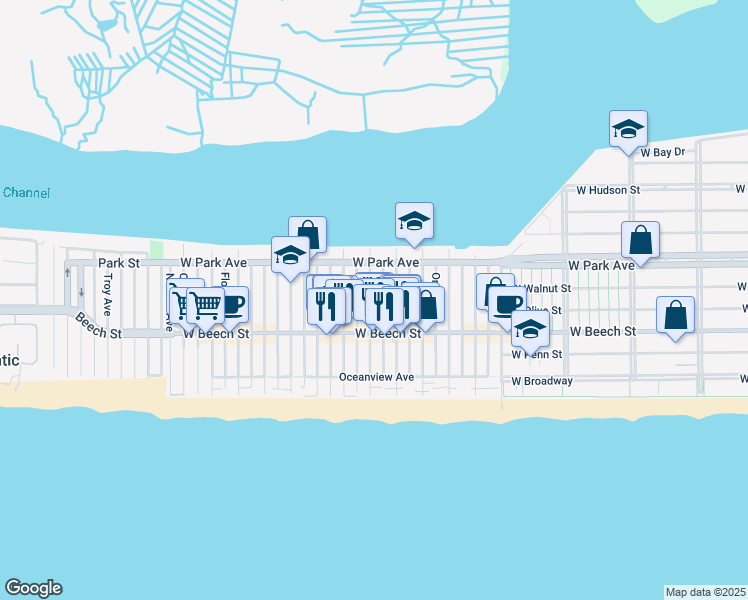 map of restaurants, bars, coffee shops, grocery stores, and more near 75 Wisconsin Street in Long Beach