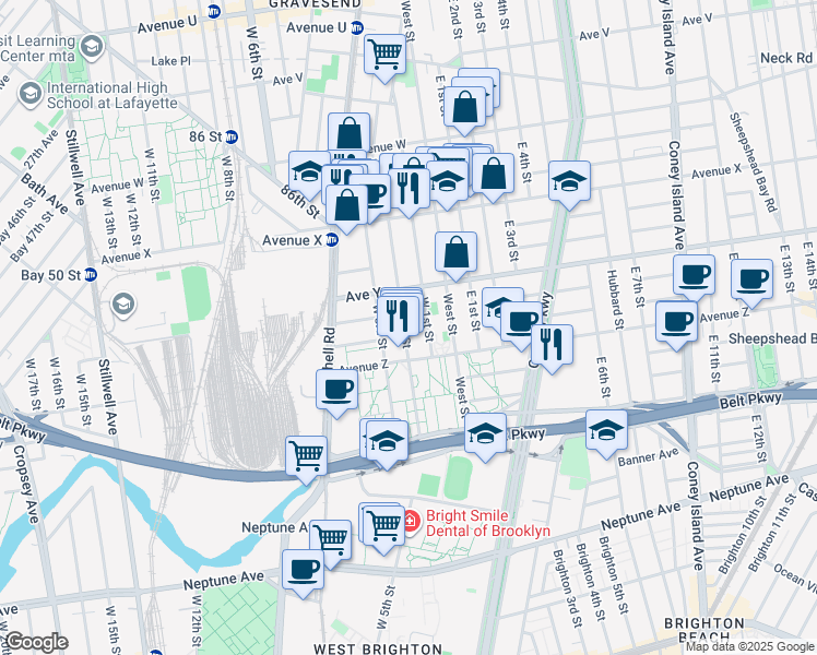map of restaurants, bars, coffee shops, grocery stores, and more near 2525 West 2nd Street in Brooklyn