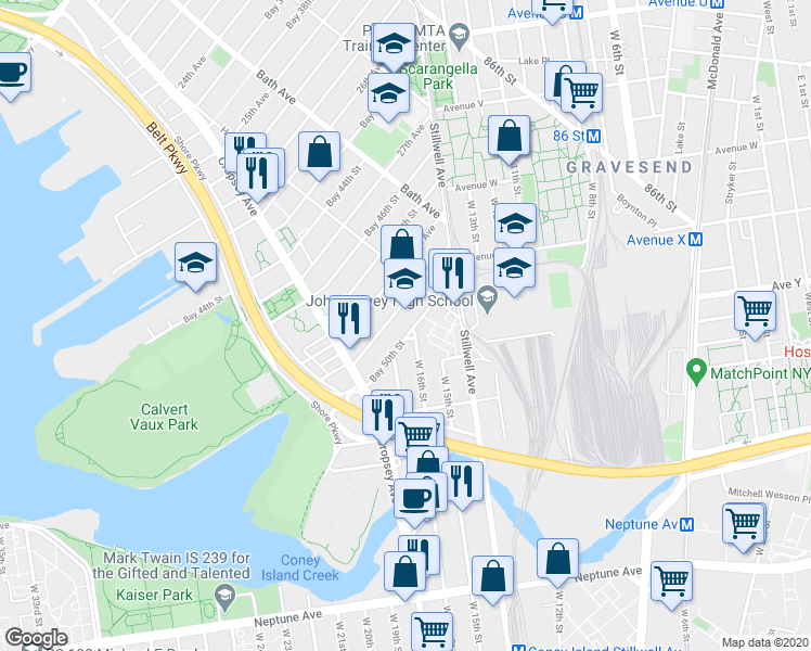 map of restaurants, bars, coffee shops, grocery stores, and more near 90 Bay 50th Street in Brooklyn