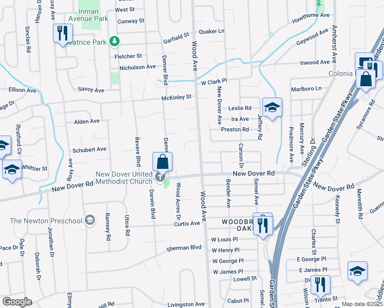 map of restaurants, bars, coffee shops, grocery stores, and more near 649 Wood Avenue in Edison