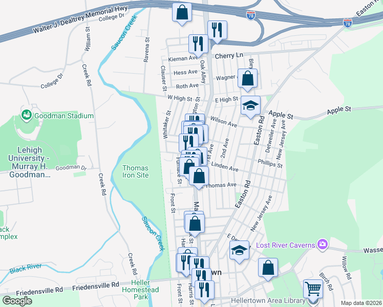 map of restaurants, bars, coffee shops, grocery stores, and more near 19 Bachman Street in Hellertown