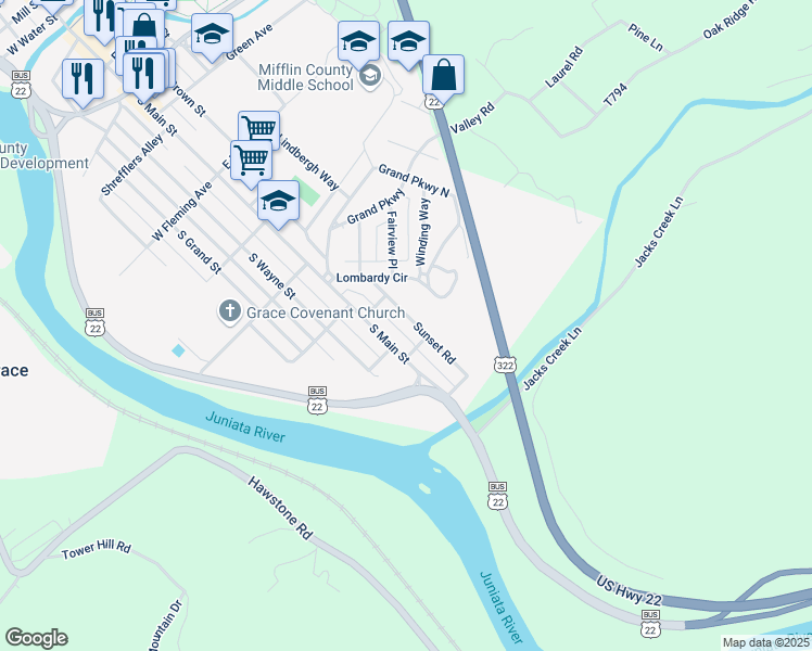 map of restaurants, bars, coffee shops, grocery stores, and more near 22 Sunset Road in Lewistown