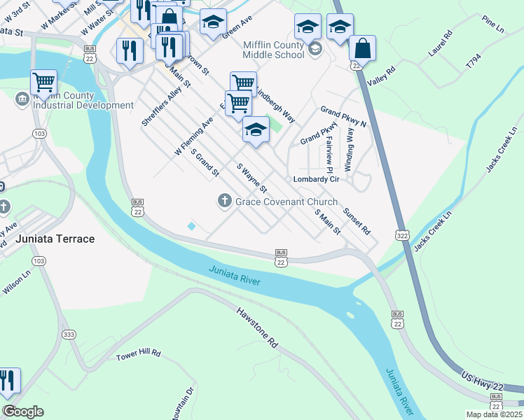 map of restaurants, bars, coffee shops, grocery stores, and more near 715 South Grand Street in Lewistown