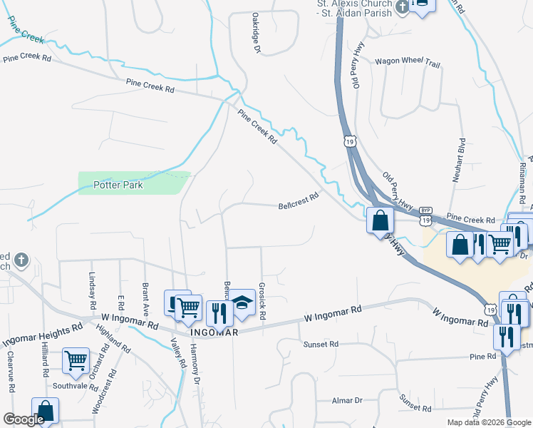 map of restaurants, bars, coffee shops, grocery stores, and more near 9870 Bellcrest Road in Pittsburgh