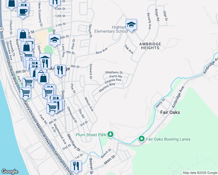 map of restaurants, bars, coffee shops, grocery stores, and more near 469 Martins Way in Ambridge