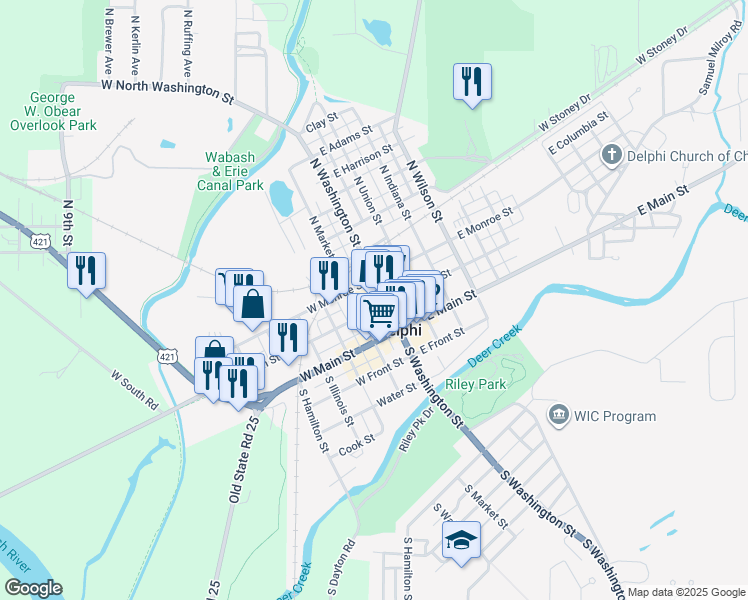 map of restaurants, bars, coffee shops, grocery stores, and more near in Delphi