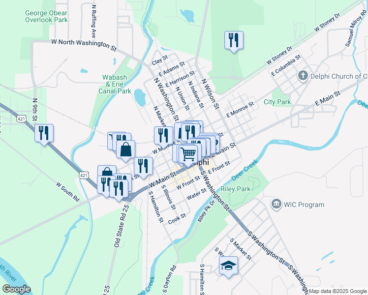 map of restaurants, bars, coffee shops, grocery stores, and more near in Delphi