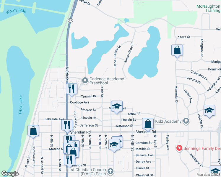 map of restaurants, bars, coffee shops, grocery stores, and more near 1103 Eisenhower Drive in Pekin