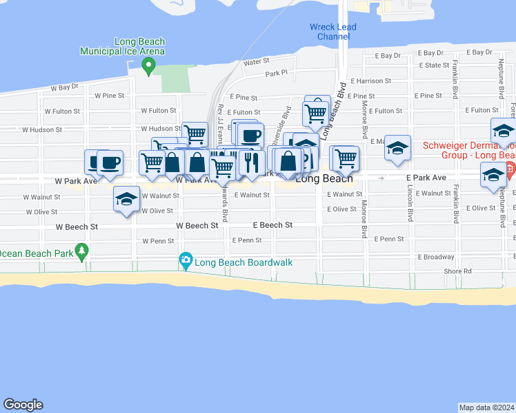 map of restaurants, bars, coffee shops, grocery stores, and more near 59 East Olive Street in Long Beach