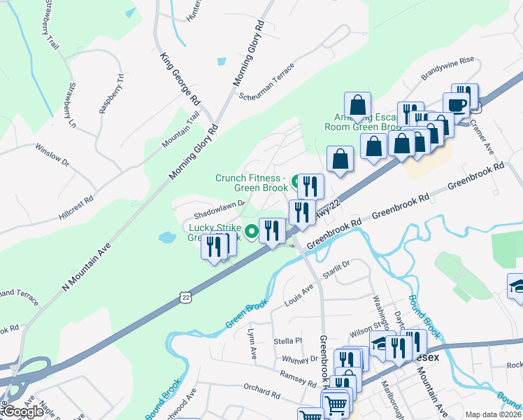 map of restaurants, bars, coffee shops, grocery stores, and more near Robin Court in Green Brook Township
