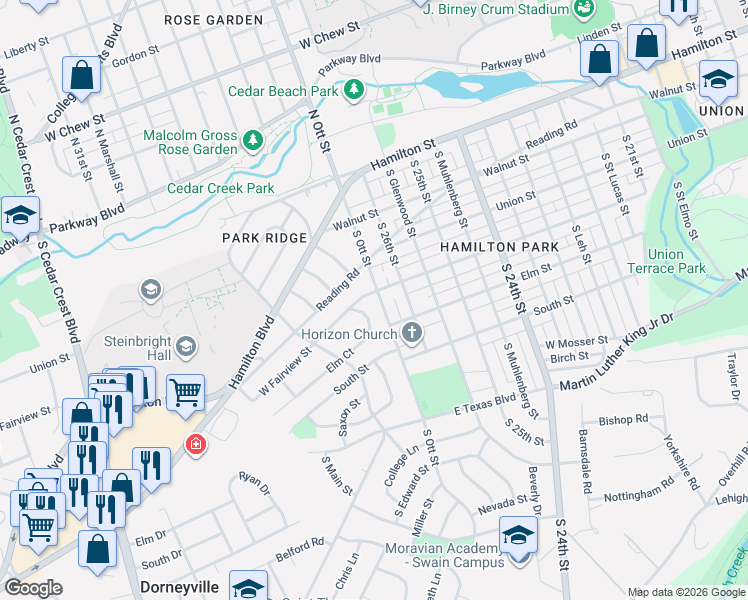 map of restaurants, bars, coffee shops, grocery stores, and more near 317 South Ott Street in Allentown