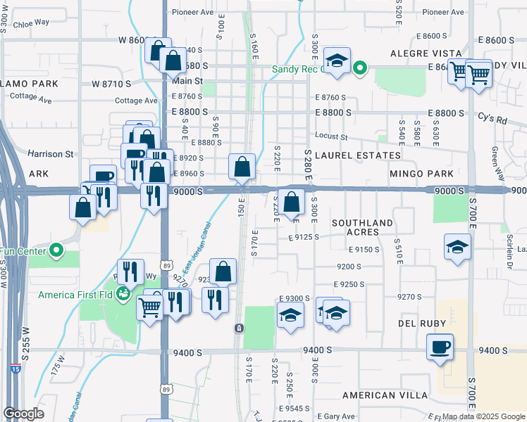 map of restaurants, bars, coffee shops, grocery stores, and more near 9055 Jason K Circle in Sandy