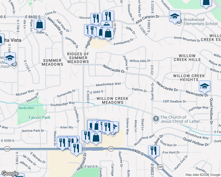 map of restaurants, bars, coffee shops, grocery stores, and more near 9045 Cherbourg Place in Sandy
