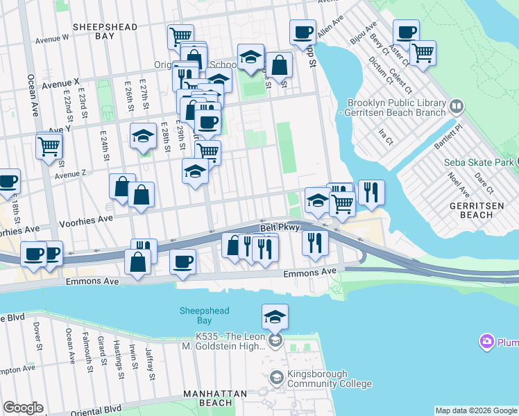 map of restaurants, bars, coffee shops, grocery stores, and more near 2724 Batchelder Street in Brooklyn
