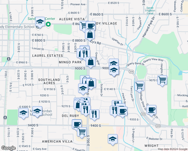 map of restaurants, bars, coffee shops, grocery stores, and more near 9075 South 700 East in Sandy