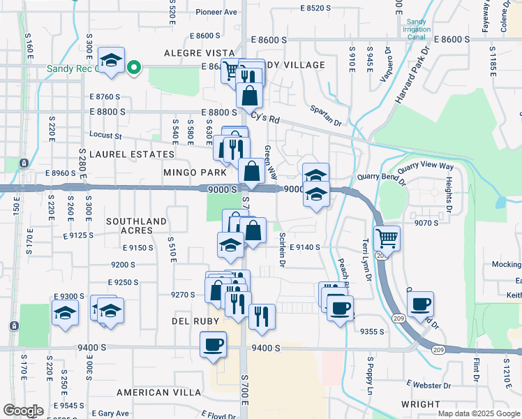 map of restaurants, bars, coffee shops, grocery stores, and more near 9075 South 700 East in Sandy