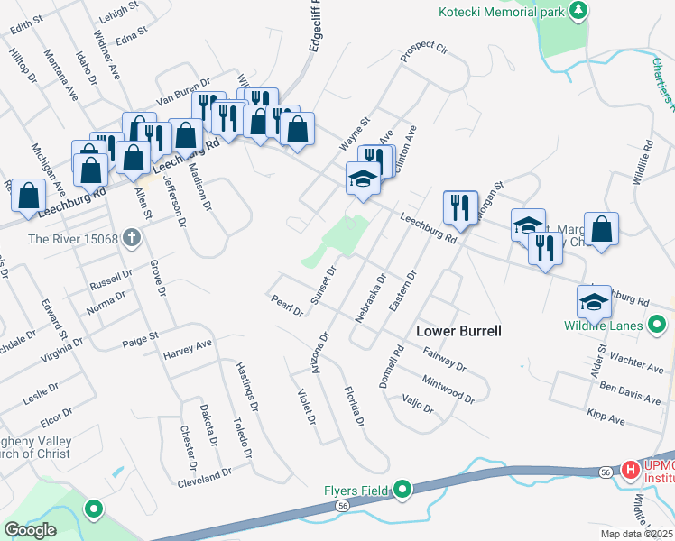 map of restaurants, bars, coffee shops, grocery stores, and more near 209 Sunset Drive in New Kensington