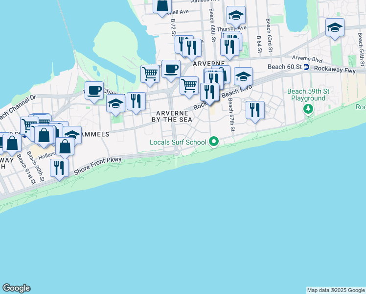 map of restaurants, bars, coffee shops, grocery stores, and more near 7210 Water Way in Queens