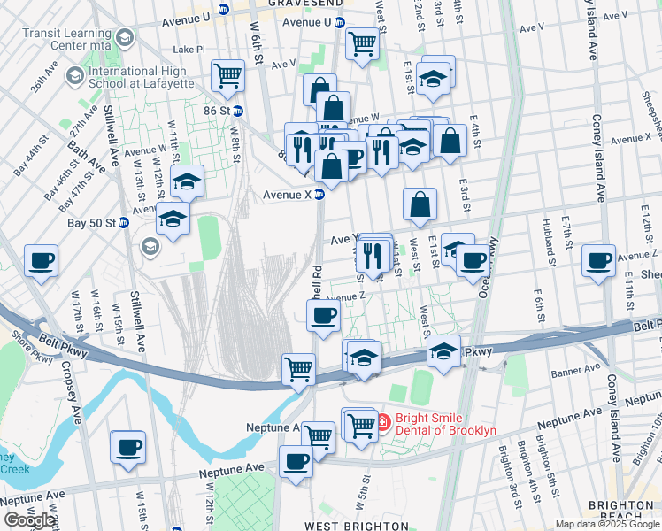 map of restaurants, bars, coffee shops, grocery stores, and more near 2665 Shell Road in Brooklyn