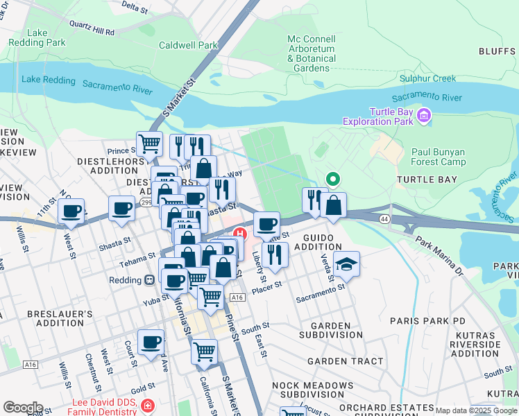 map of restaurants, bars, coffee shops, grocery stores, and more near 1332 Continental Street in Redding