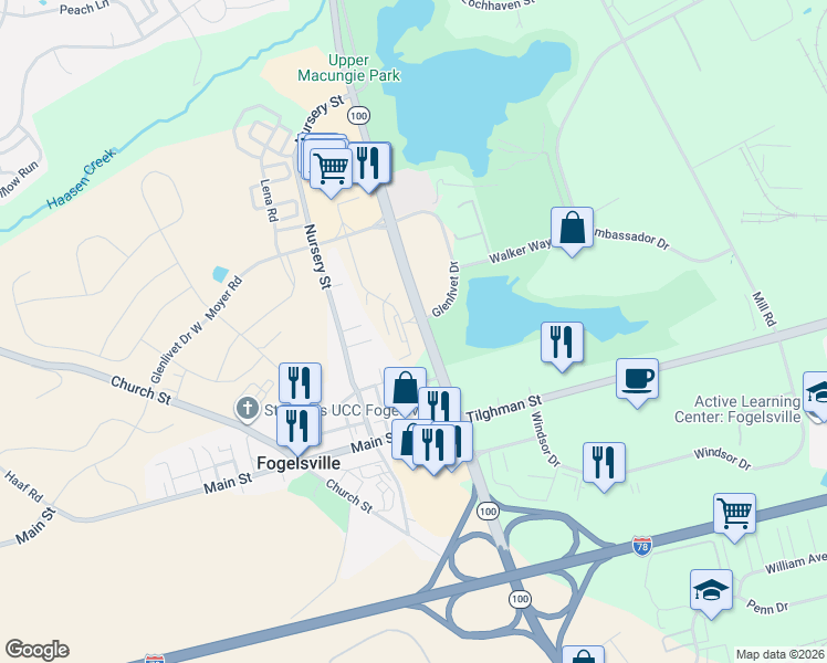 map of restaurants, bars, coffee shops, grocery stores, and more near Highway 100 in Allentown
