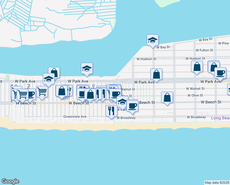 map of restaurants, bars, coffee shops, grocery stores, and more near 14 June Walk in Long Beach
