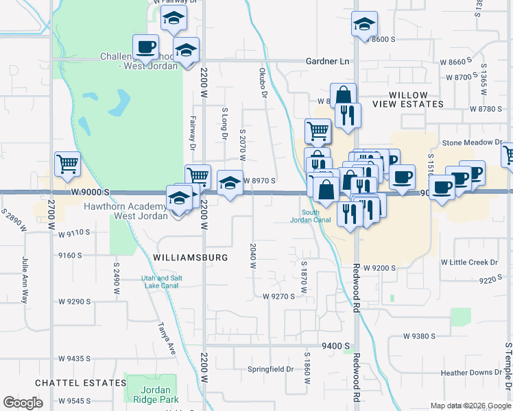 map of restaurants, bars, coffee shops, grocery stores, and more near 9043 South 2040 West in West Jordan