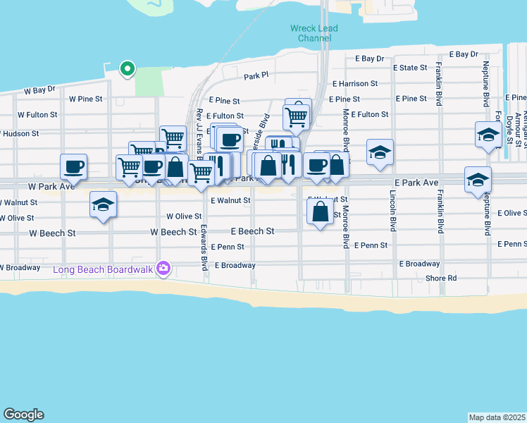 map of restaurants, bars, coffee shops, grocery stores, and more near 115 East Olive Street in Long Beach