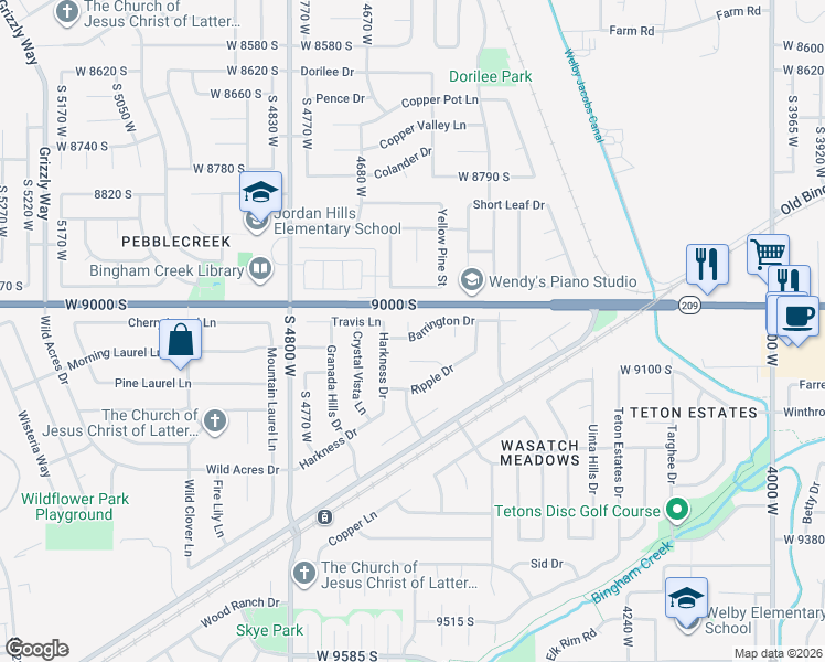 map of restaurants, bars, coffee shops, grocery stores, and more near 4570 Barrington Drive in West Jordan