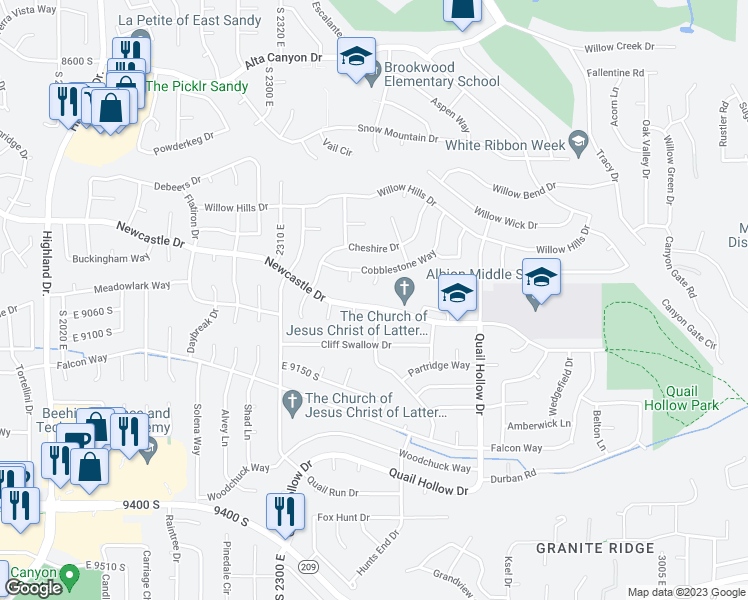 map of restaurants, bars, coffee shops, grocery stores, and more near 2489 Newcastle Drive in Sandy